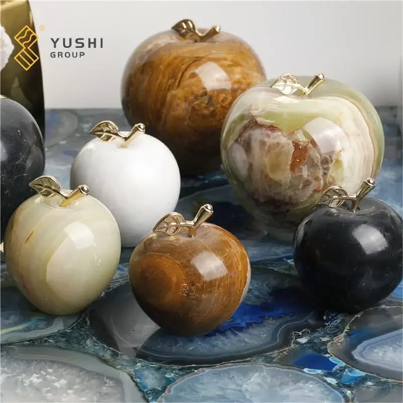 Yushi Group Onyx Marble Apple Polished and Carved Vintage Home Decoration Engraved with Love Style Stone Crystal Sculpture Model