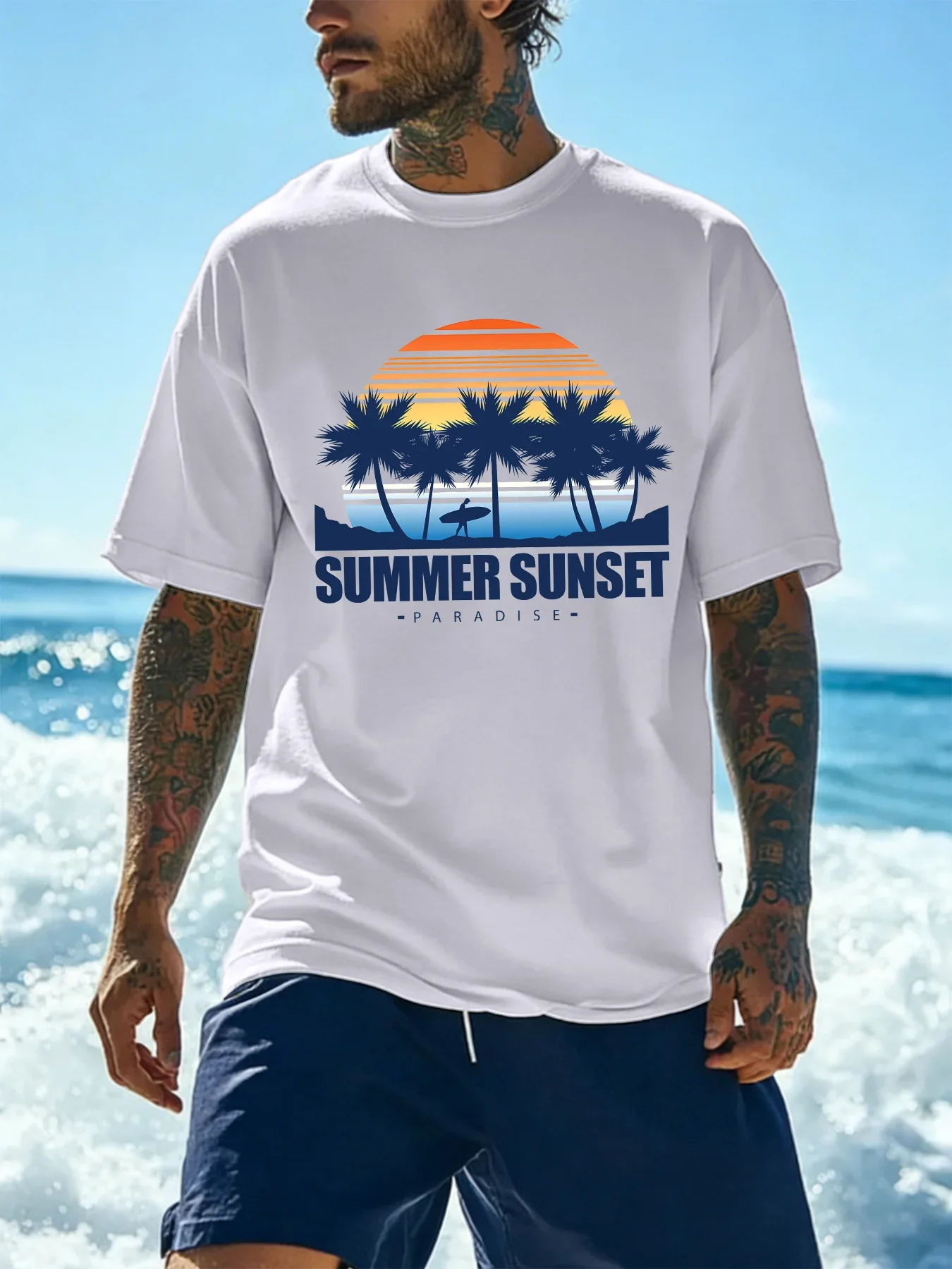 Retro Sunset Palm Surfboard Print Men's 100% Cotton T-Shirt Summer Short Sleeve Crew Neck Loose Beach Vacation Surf Top