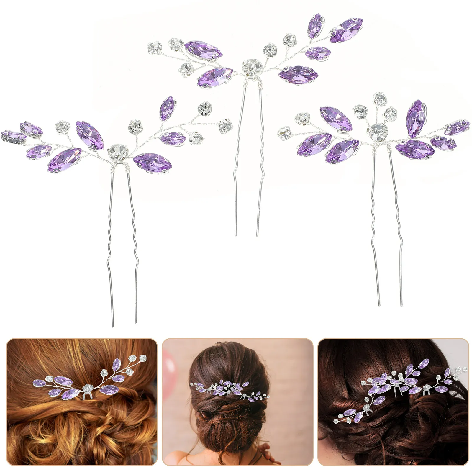 3Pcs Rhinestone Hairpins Bridal Hairpin Set Wedding Hair Forks Lightweight Exquisite Shine Matching Hair Accessories for Brides