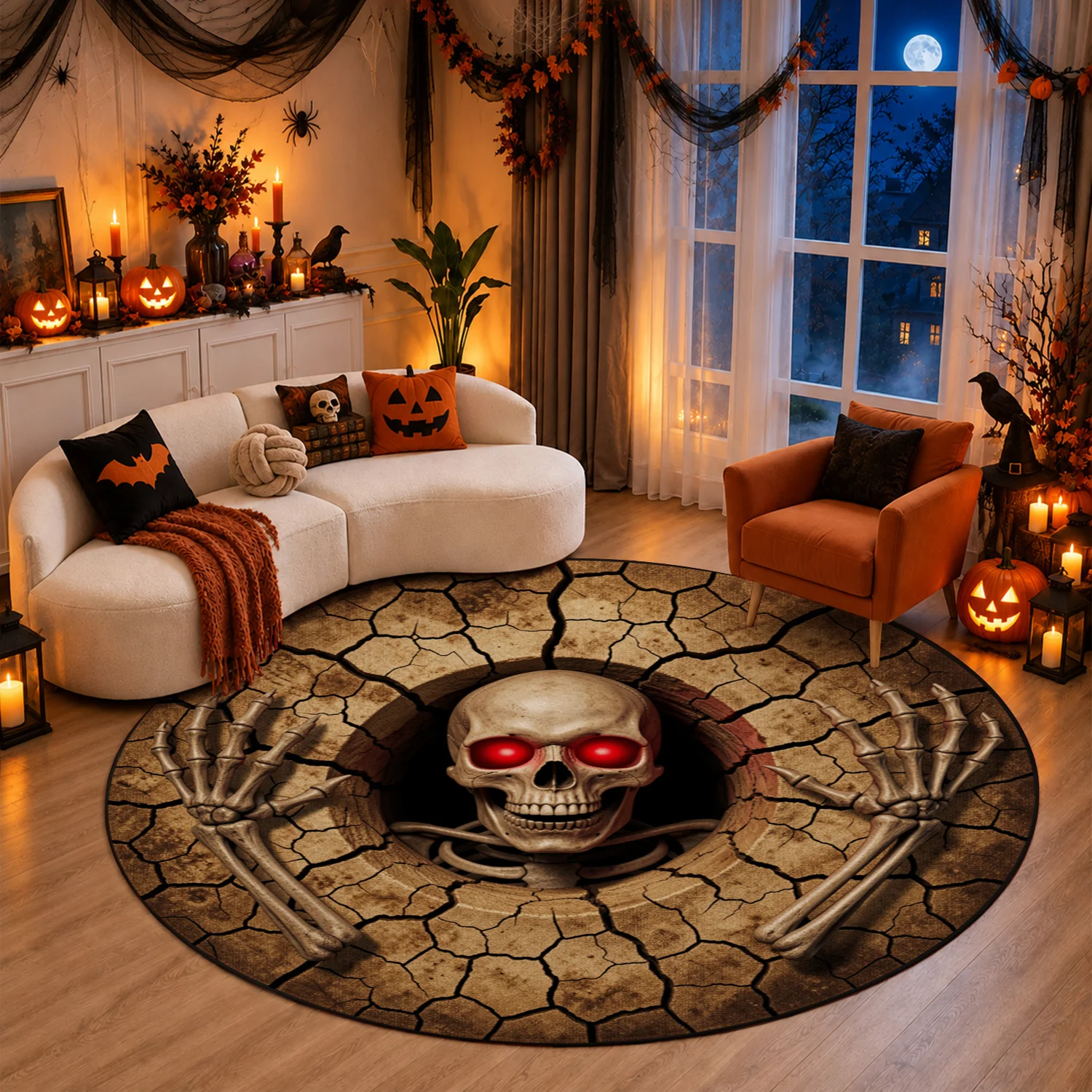 3D Cracked Earth Skull Skeleton Design Round Velvet Rug Machine Washable for Living Room Bedroom Entryway Halloween Thanksgiving Christmas New Year Black Friday Cyber Monday