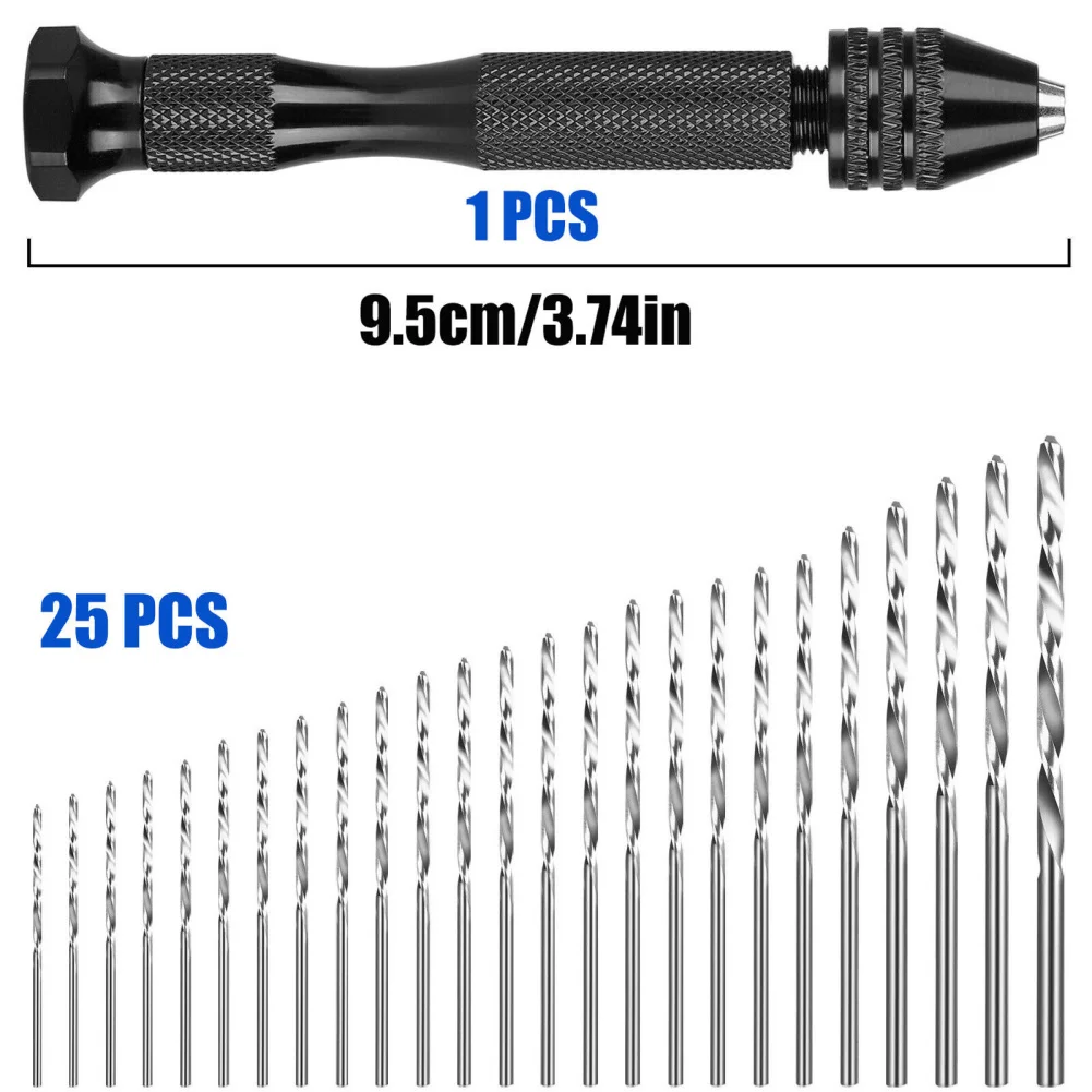 Mini Micro Mão Brocas Set, alta dureza, resistente à ferrugem, broca manual, Vise Chuck, Ferramenta DIY, 26Pcs