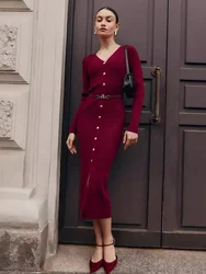 Autumn V-Neck Knit Long Dress For Women Ribbed Patchwork Cardigan Slim Elegant Party Dress Female Knitwear Maxi Dress 2024
