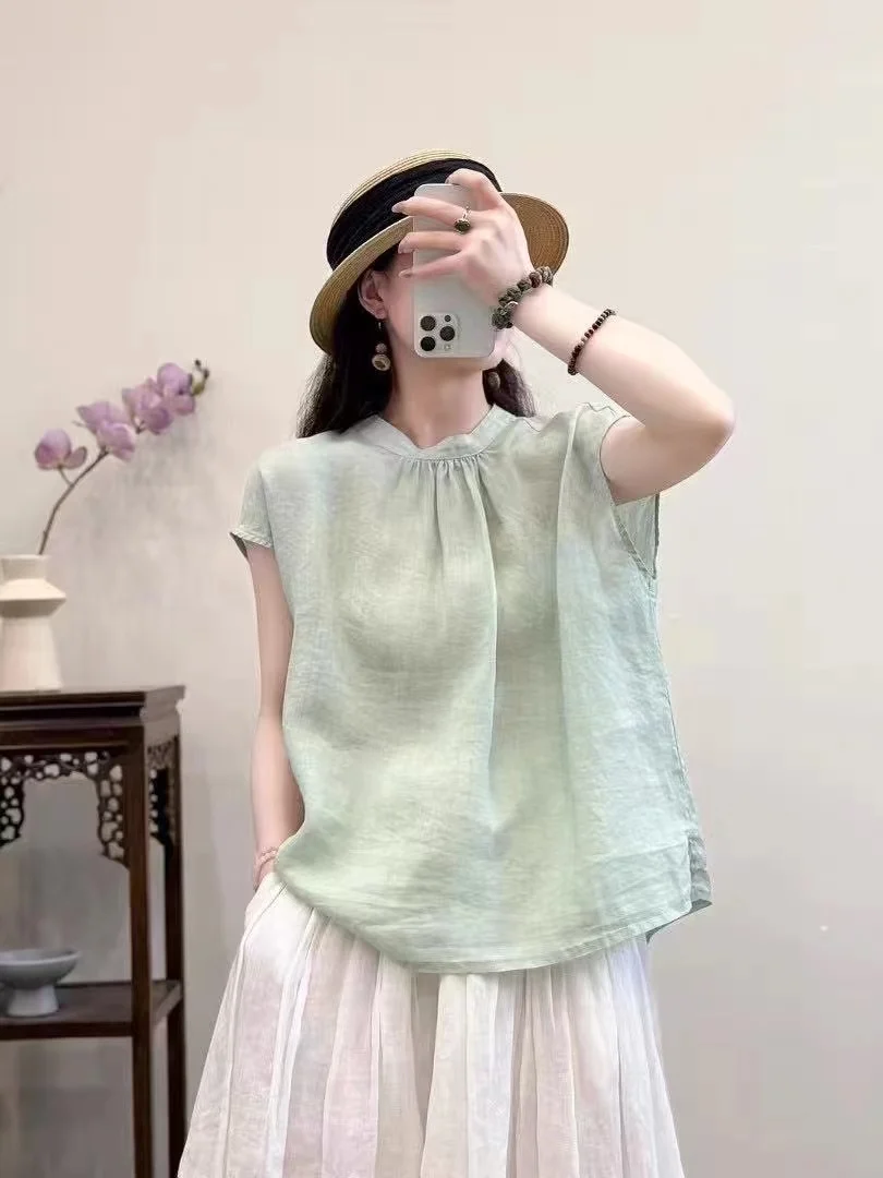 

Льняной женский летний свободный повседневный универсальный топ Svel irt однотонный круглый Ne ort Sve Commute Sle Artistic