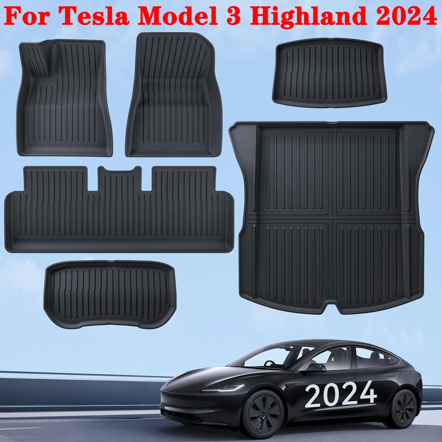 

For Tesla Model 3 2024 Highland Floor Mats Cargo Liner, Waterproof Anti-slip Trunk Mat TPE Foot Pads Left / Right Hand DrIve