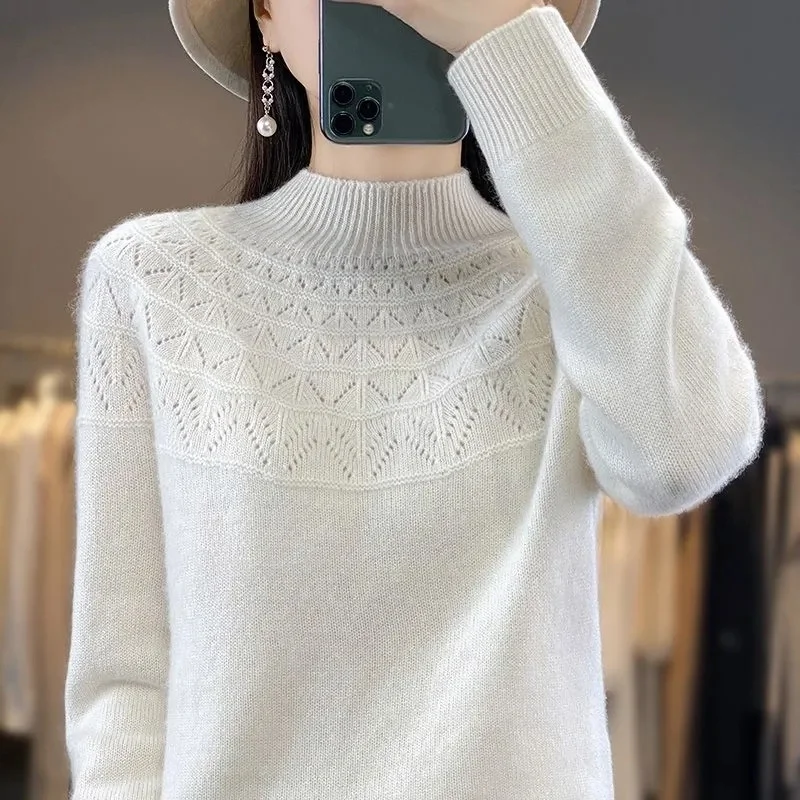 

Half High Solid Color Cashmere Sweater For Women Loose Pullover Autumn and Winter Contracted Commuter Basic Knitwear Top Base