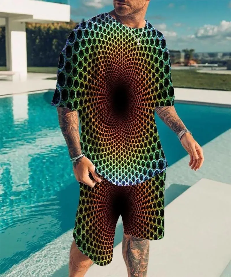 Men's Round Neck T-shirt Set New Printing Optical Illusion Pattern T-shirt Two Piece Set Fashion Men's Summer T-shirt Sets