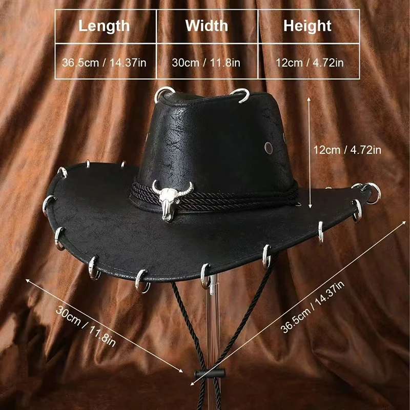 Vintage Faux Leather Western Cowboy Hat Adjustable PU Leather Travel Men Women Fashion Cowgirl Bullhead Badge Outdoor Jazz Hats 4