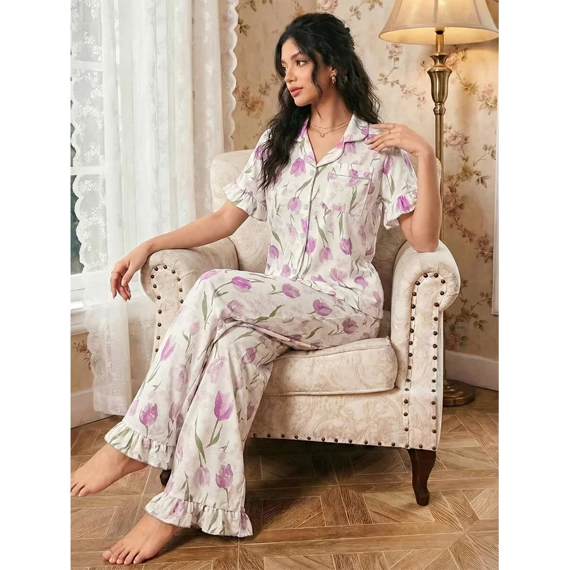 2pcs Set for Women, Floral Print, Lapel Collar + Button Front, Short Sleeve Top and Long Pants Pajama Set