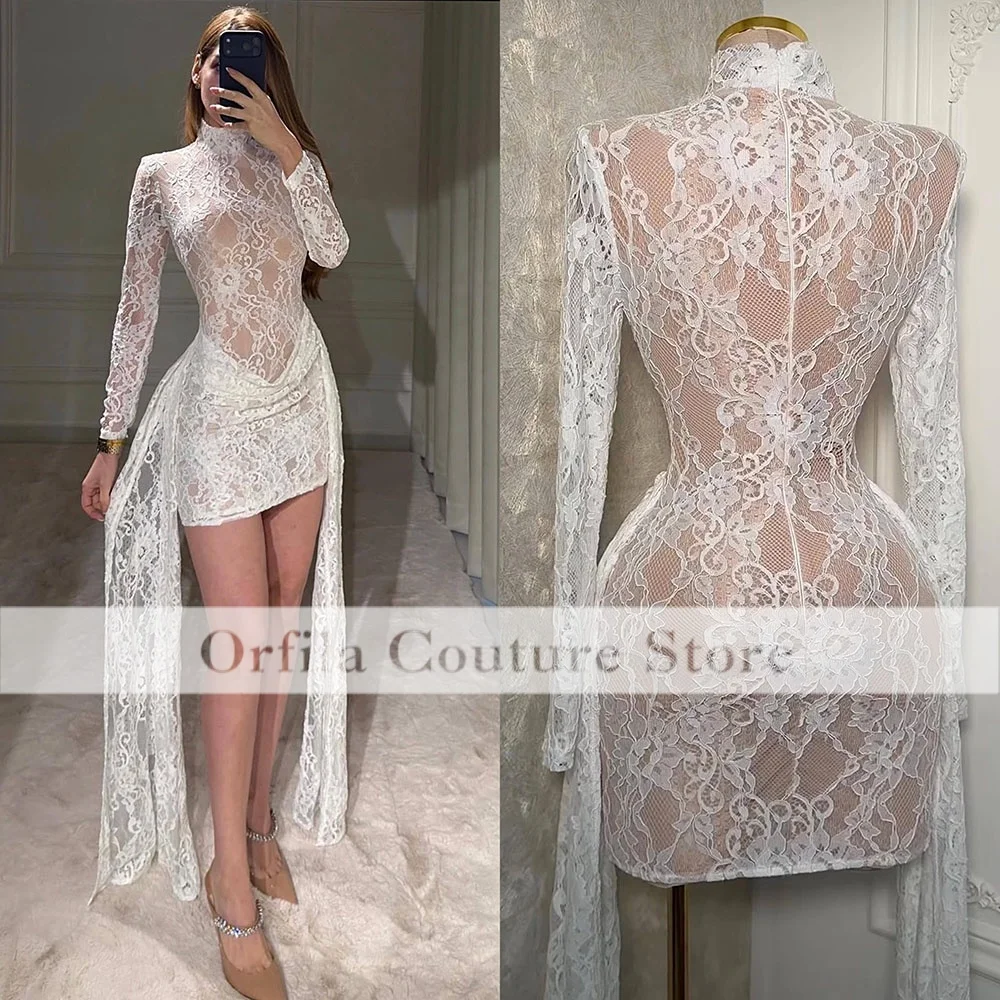 Lace Elegant Wedding Dresses With Train High Neck Lace Short Bridal Gowns Long Sleeves Bridesmaid Party Gowns Birthday Dress