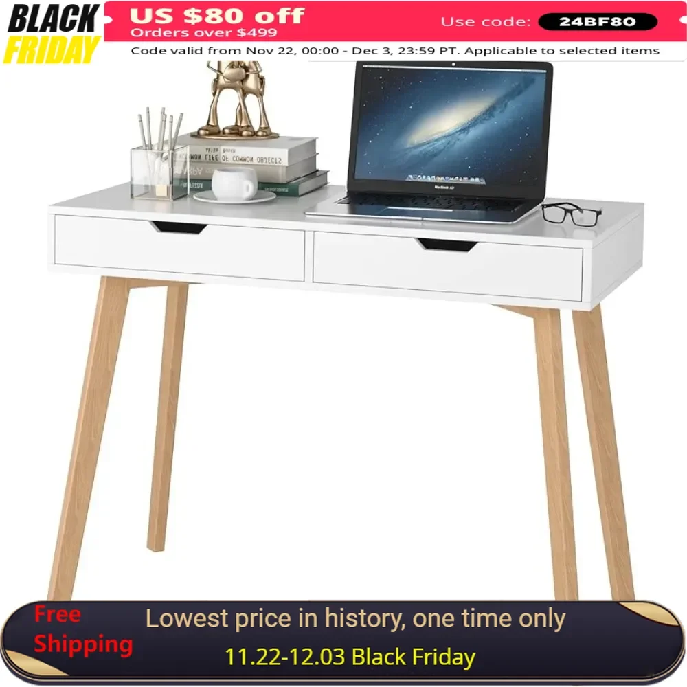 Office Desks White Writing Desk with 2 Drawers, Small Desk Makeup Vanity Table Wood Desk with 4 Oak Legs,Office Desks