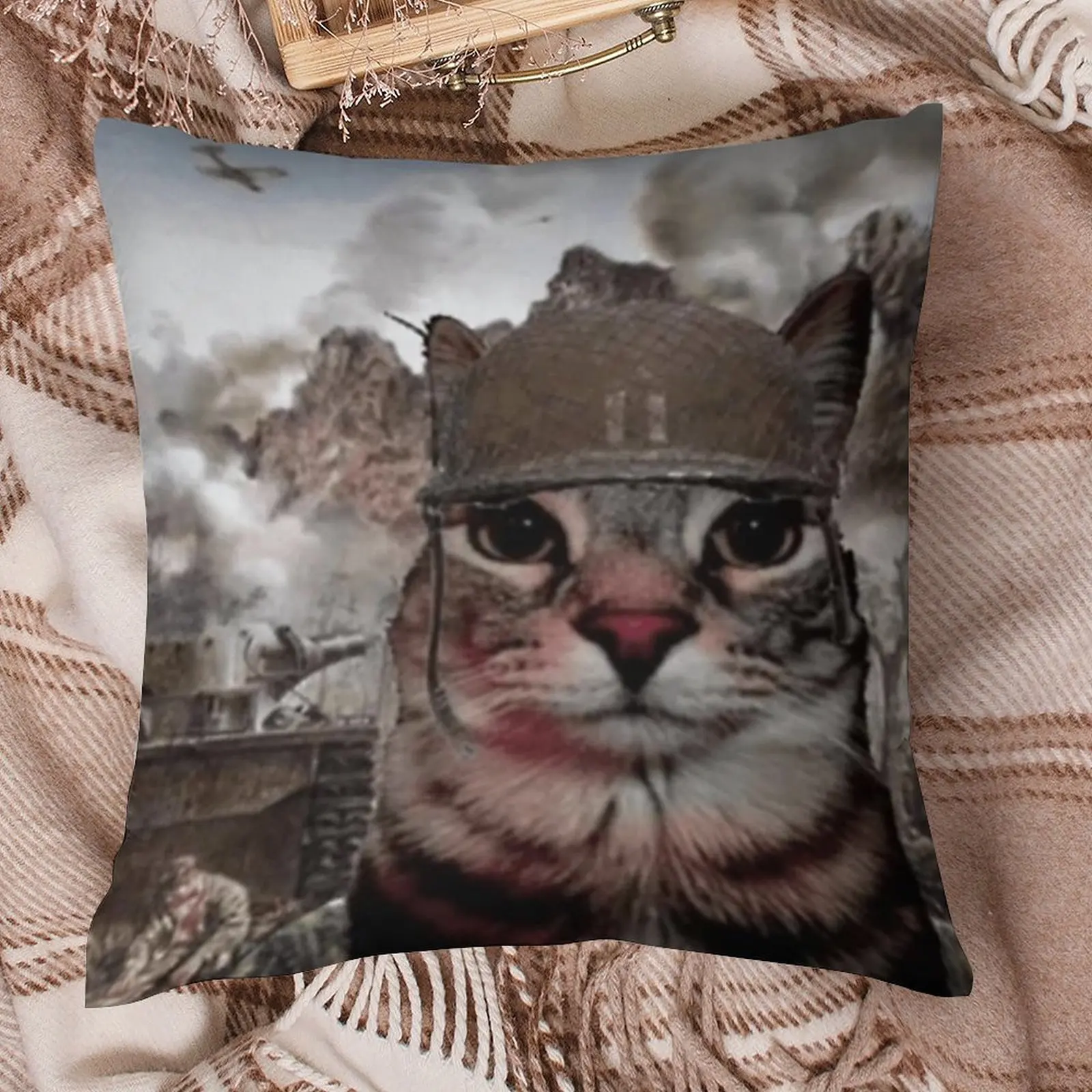 1pc Tough War Cat Meme Pillow Cover, 2D Double-Sided Print Polyester Pillowcase, Vintage WWII Battlefield Decor, Gag Gift for Fr