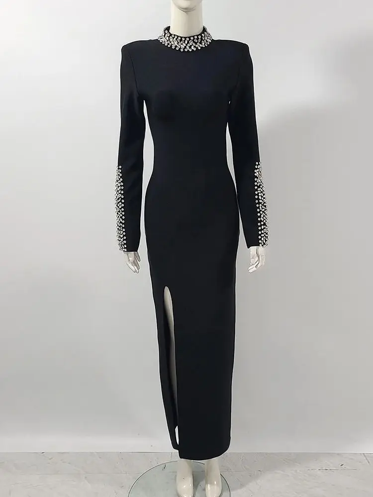 2024 Autumn New Women\'s Black Sexy Long Sleeved O-neck Diamond Split Bandage Long Dress Bodycon Celebrity Party Evening Dress