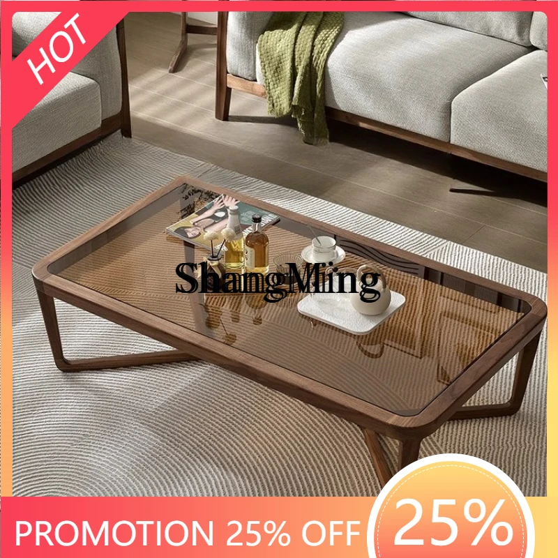 

ZYY exquisite black walnut tempered glass large coffee table rectangular solid wood furniture