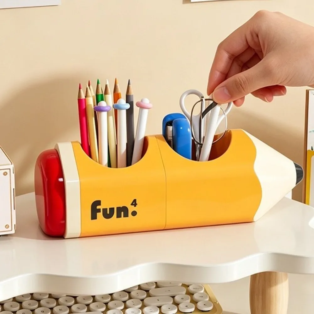 Large Capacity Pencil Shape Pen Holder Cute Multi-functional Desk Organizer with Compartments Plastic Storage Bucket Student