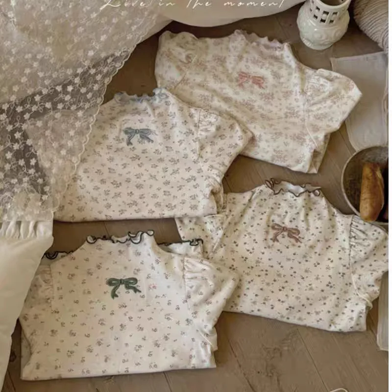 

2025 Autumn New Girls Bow Embroidery Tops Children Long Sleeve T Shirts Cute Baby Girl Floral Shirts Princess Kids Cotton Tee