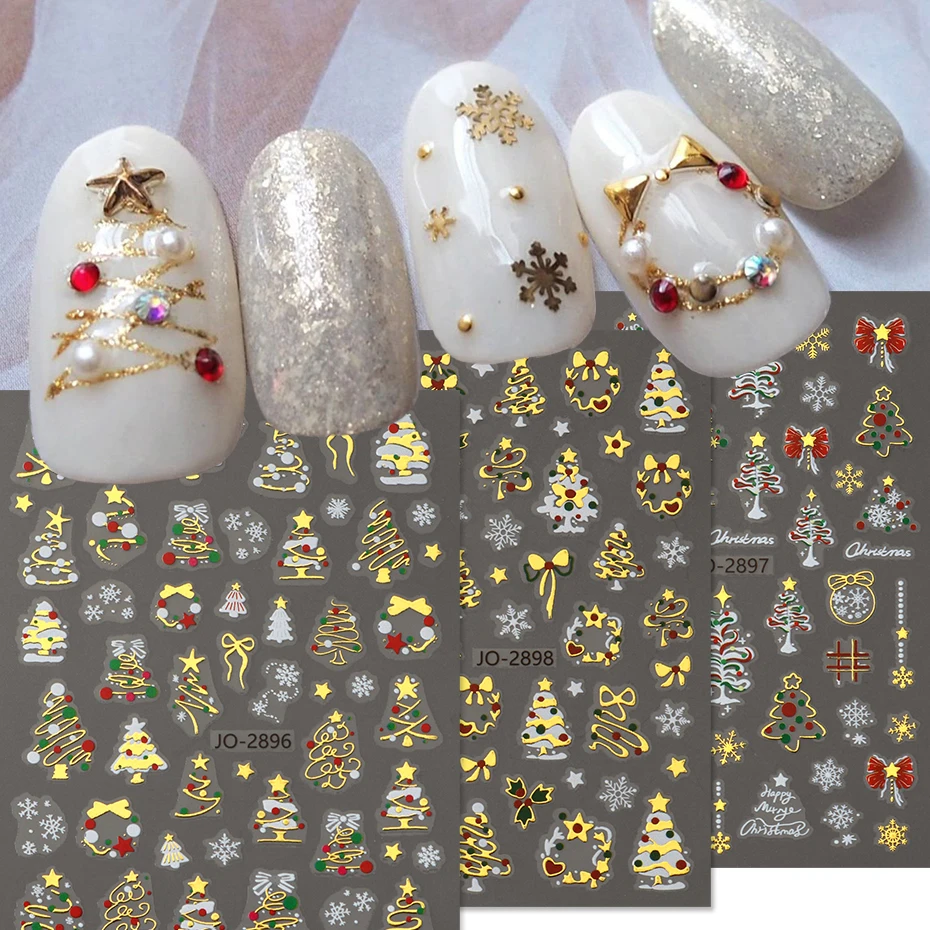 Goldene Weihnachts-Nagelaufkleber, funkelnder Weihnachtsbaum, Schneeflocke, Stern, 3D-selbstklebendes holografisches Laser-Design für Festliche