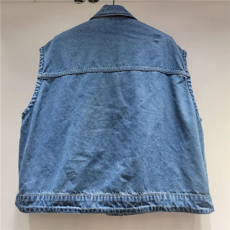 Spring Autumn Fashion Sequins Flower Women Washed Blue Short Denim Vest Loose Lapel Single-Breasted Sleeveless Cowboy Waistcoat