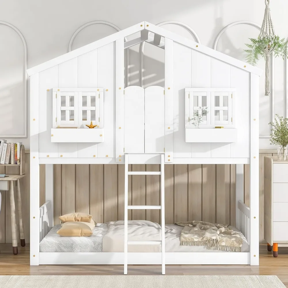 Harper & Bright Designs House Bunk Bed Twin Over Twin Kids Bunk Bed Wood Frame with Roof, Window, Window Box, Door, Safety Guard image 4