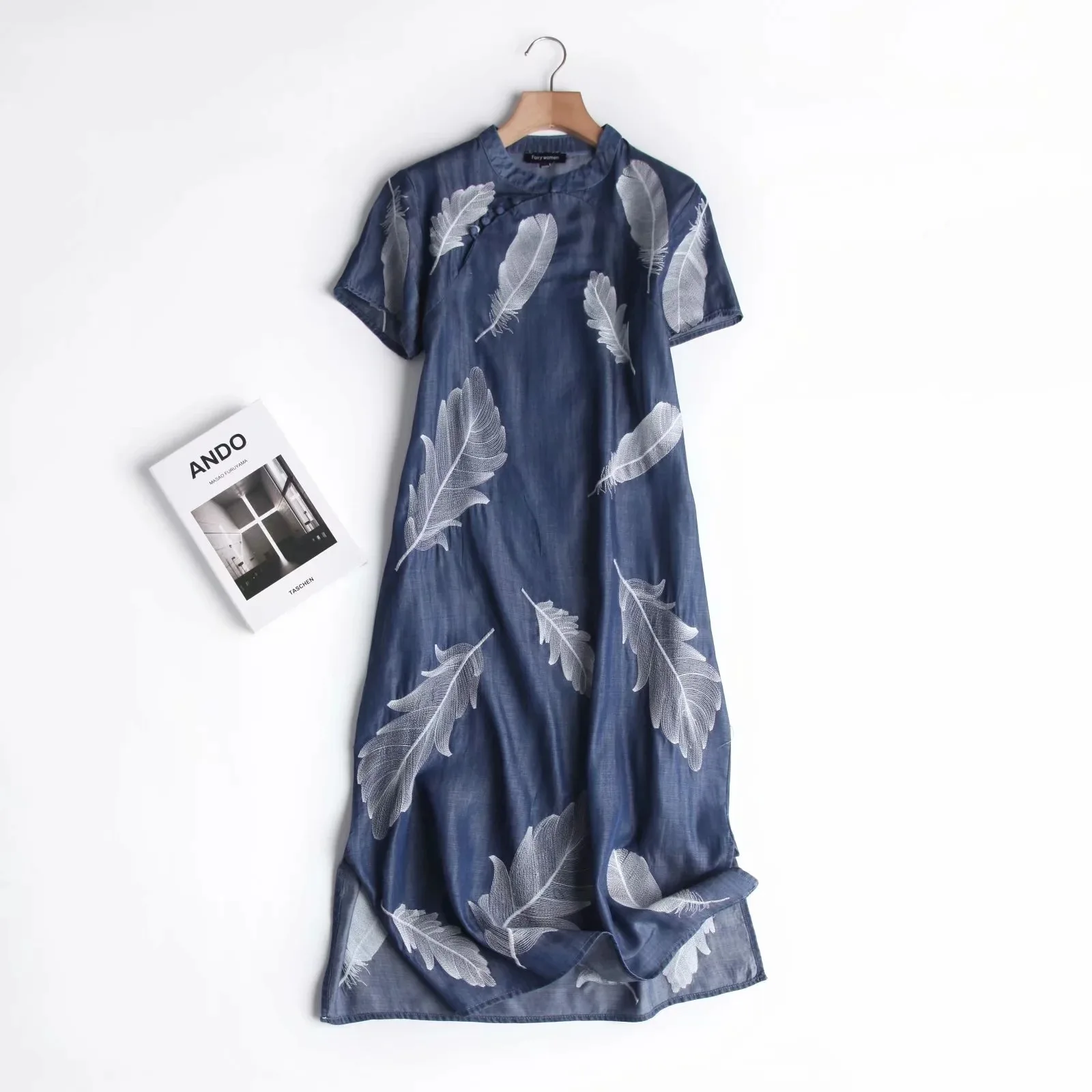 Denim Short Sleeve Shirt Dress Women\'s Summer Mandarine Collar Soft Jeans Embroidered Casual Loose Thin Party Dresses D37501JC