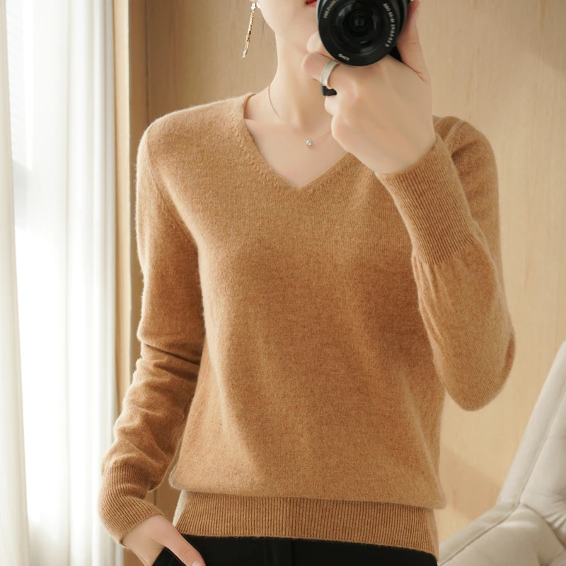 Spring Autumn New Cashmere Sweater Women's V-Neck Sweater Casual Loose Korean Style Fashion Pullover Thin Knitted Bottoming Shir