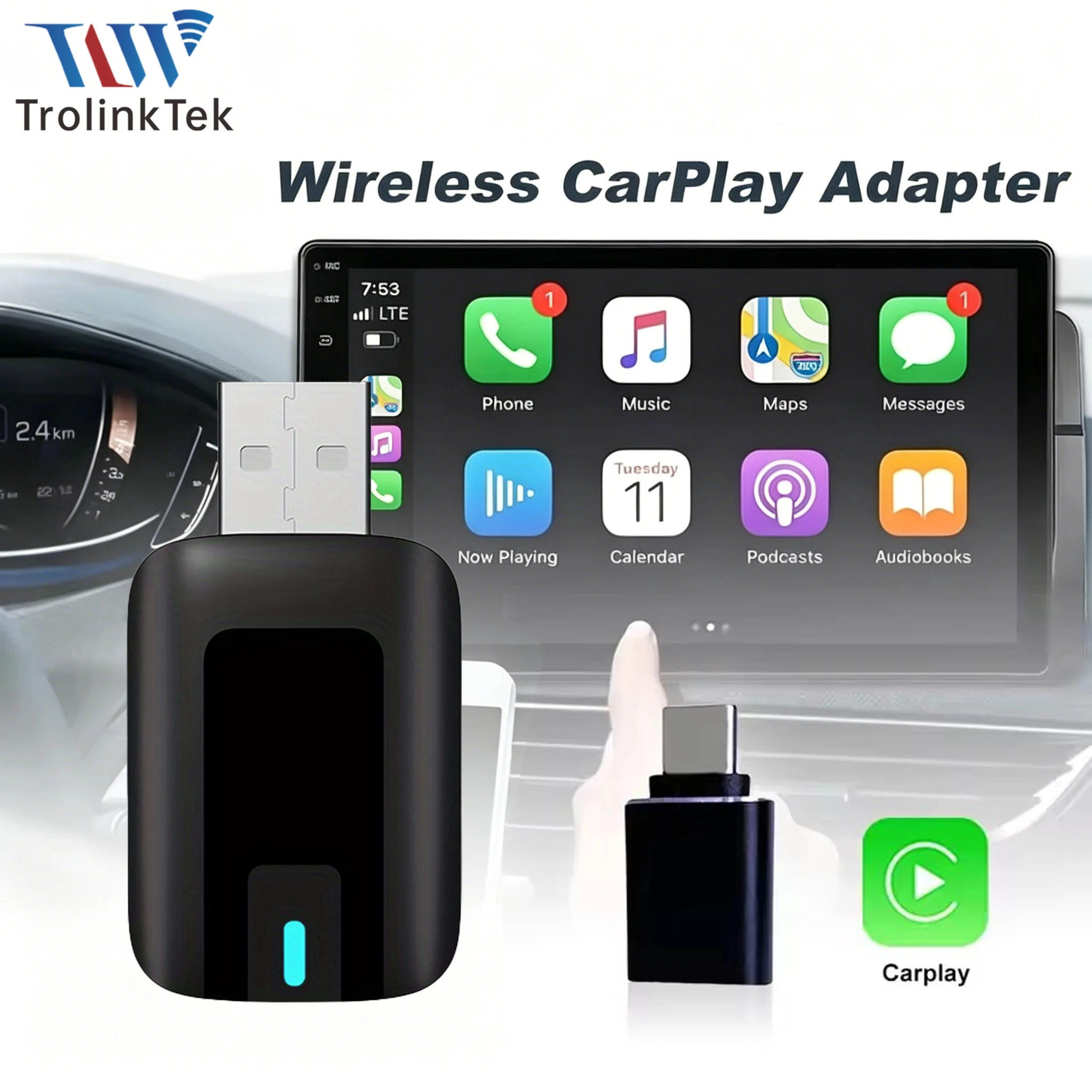 Usb Hub - TrolinkTek Wireless CarPlay Dongle, bedrade naar