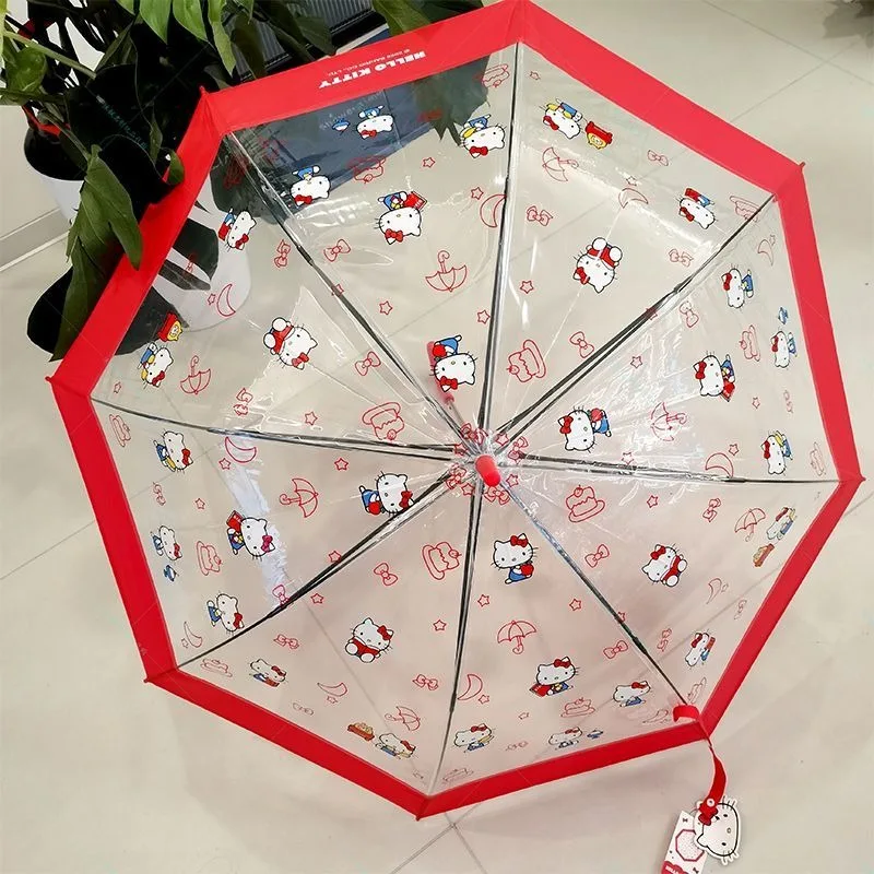 

MINISO SANRIO Hello Kitty Kawaii Anime Cartoon Splicing Transparent Printing Long Handle Umbrella Holiday Gifts Schoolchildren