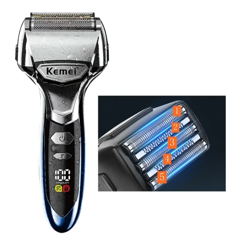 Kemei Km-3215 5-Blade System Electric Shaver for Men Face Beard Wet Dry Electric Razor Rechargeable Bald Head Shaving Machine