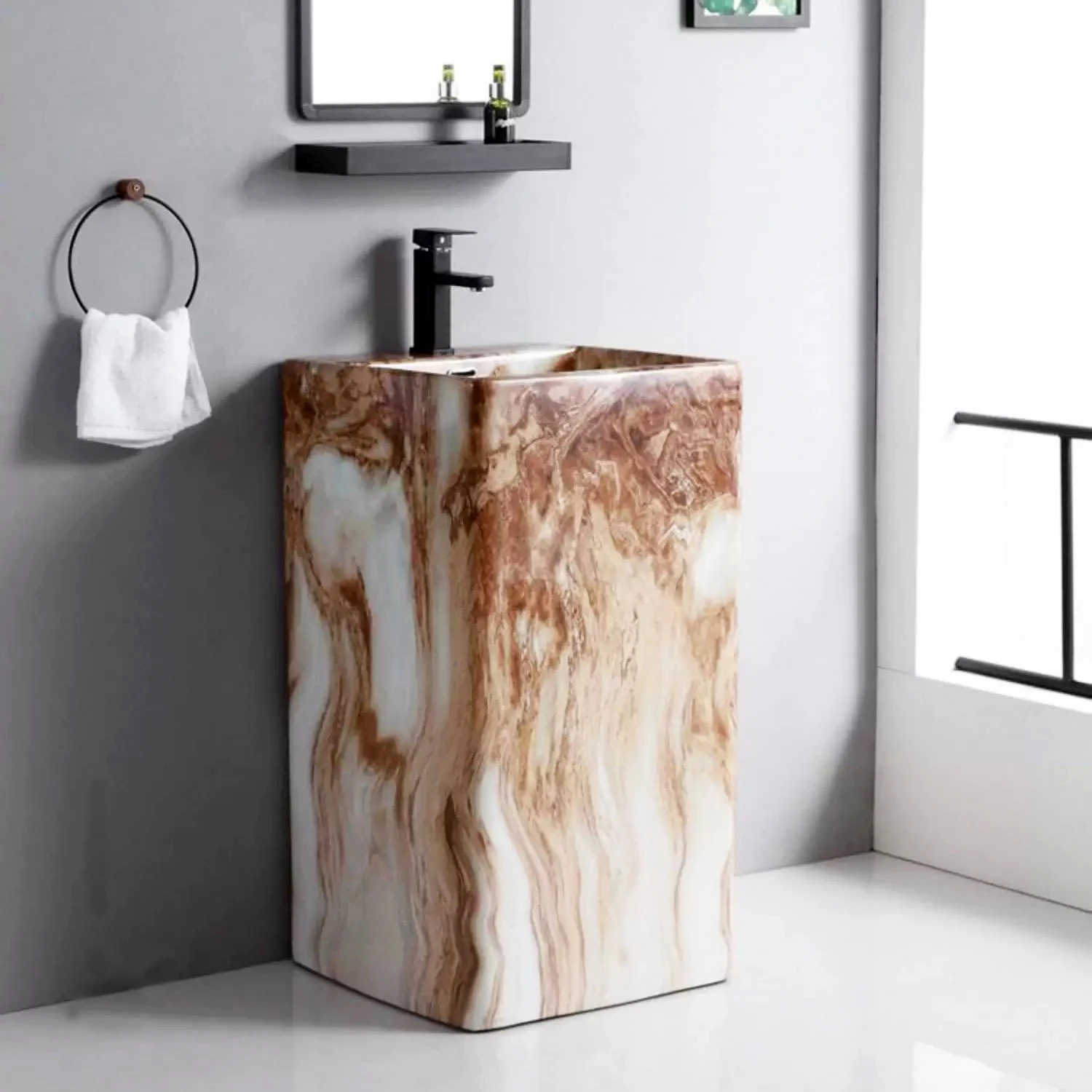 Modern Marble Pattern Freestanding Wash Basin Porcelain Bathroom One Piece Marble Style Pedestal Sink