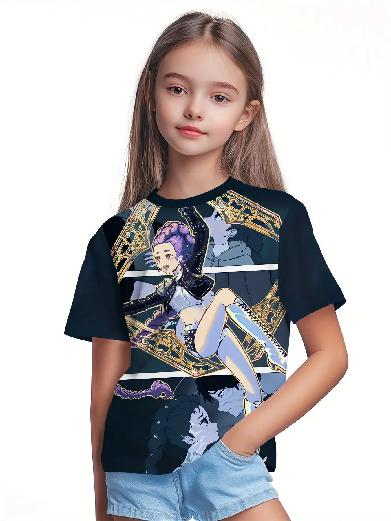 Girls Trendy Manga‑Style Tee Shirt, Comic‑Panel Pop‑Star Character Art Print Design Short Sleeve Crew Neck Toddler Daily Tee