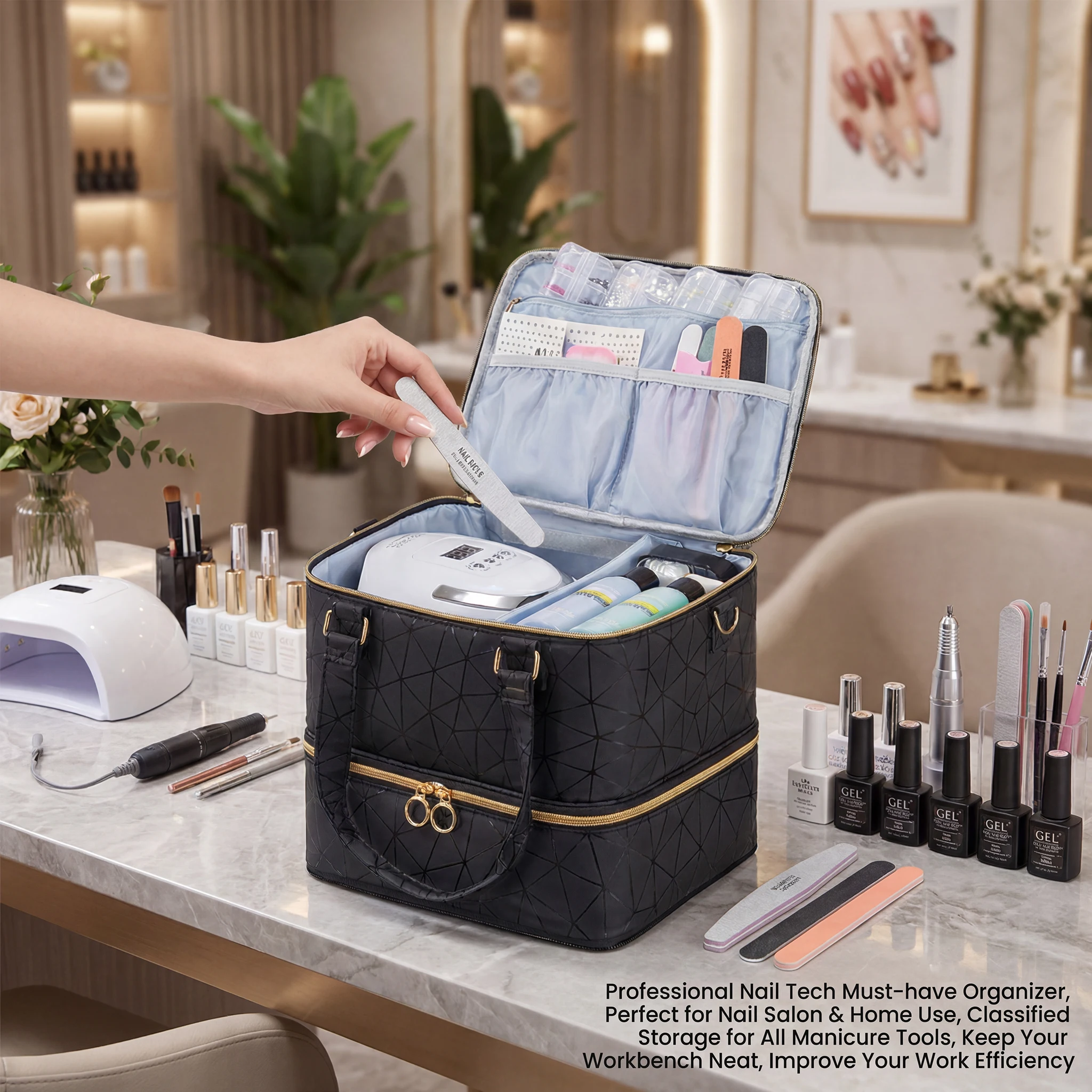 Stylish PU leather nail organizer bag, holds 60 bottles + light. Double-layer with bracket & strap. Great travel storage & gift.