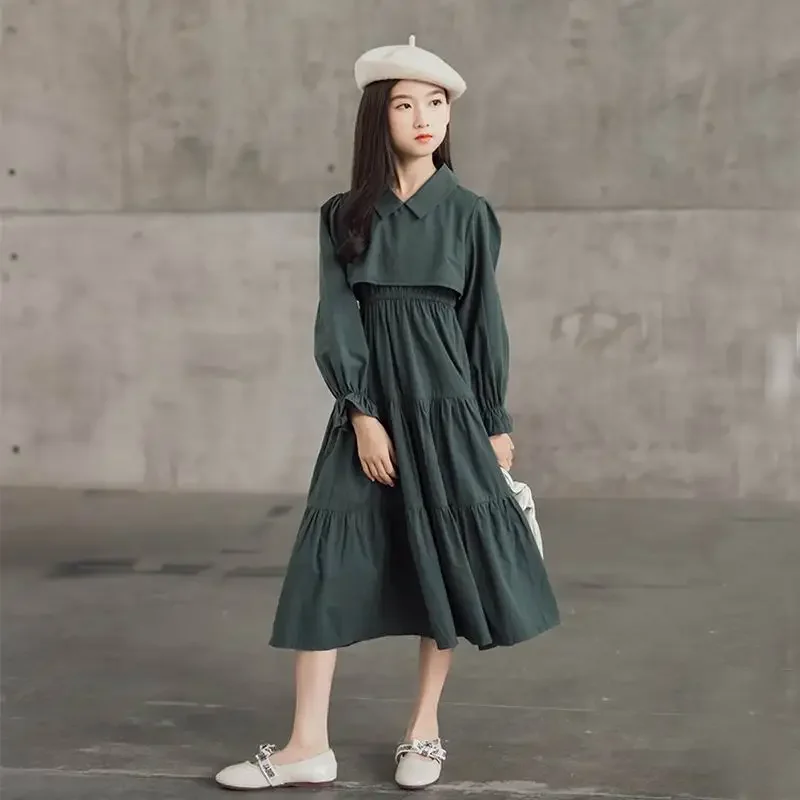 Teen Girls Elegant Long Shirt Dress 2023 Spring Sleeve Black Polyester Party Muslim Clothes 8 10 12 13 14 Years