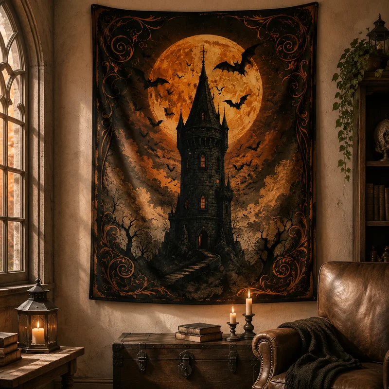 VIKAMA Vintage Halloween Castle Tapestry, Mysterious Gothic Bat Wall Hanging, Halloween Bedroom Decor for a Spooky Atmosphere