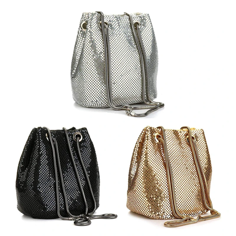 New Fashion Sequin Women Drawstring Bucket Bag Luxury Female Party Purse Handbags Ladies Evening Tote Crossbody Bag Clutch Pouch