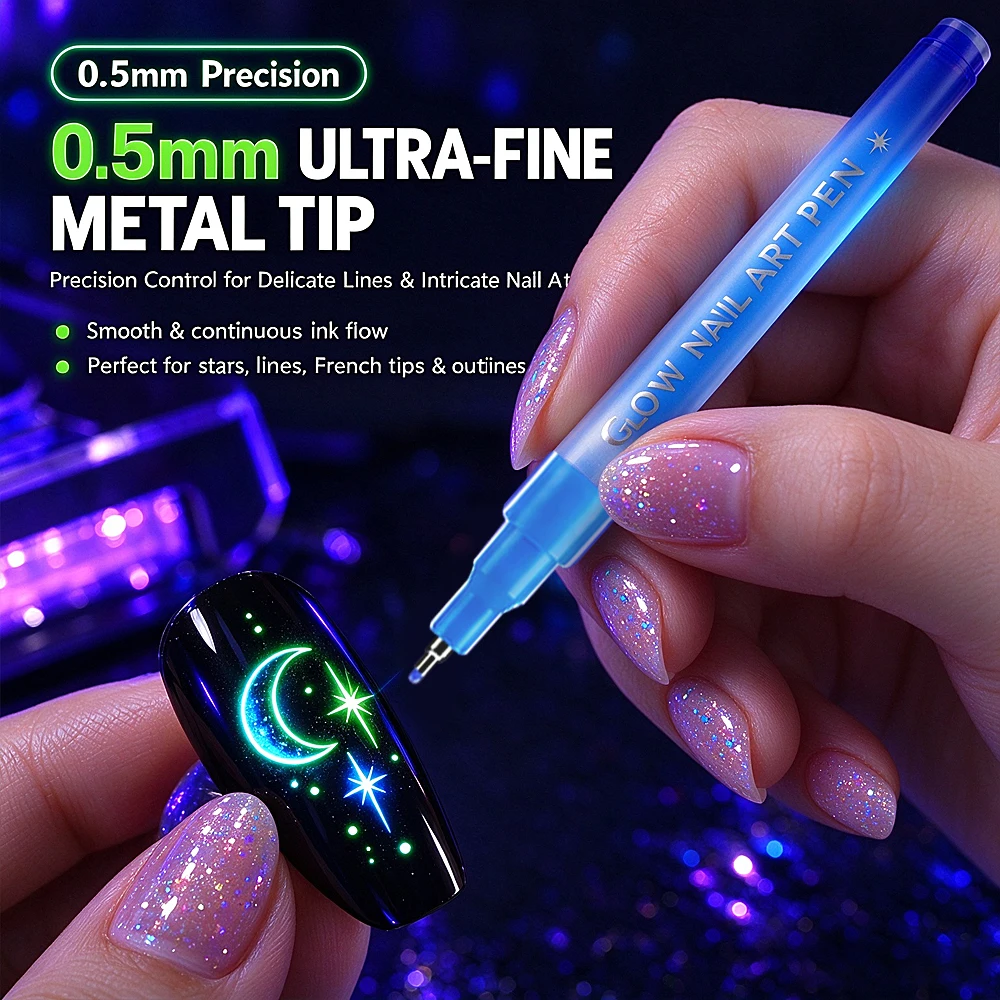 8 Colors Glow Nail Art Pens, Fine Metal Tip, for Star Moon Flower Nail Patterns