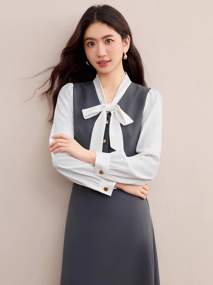 

SENTUBILA Grey Dress For Woman 2025 Autumn New Tie Collar Mock Two-Piece Dresses Puff Sleeve Elegant Midi Dresses 153LA2950