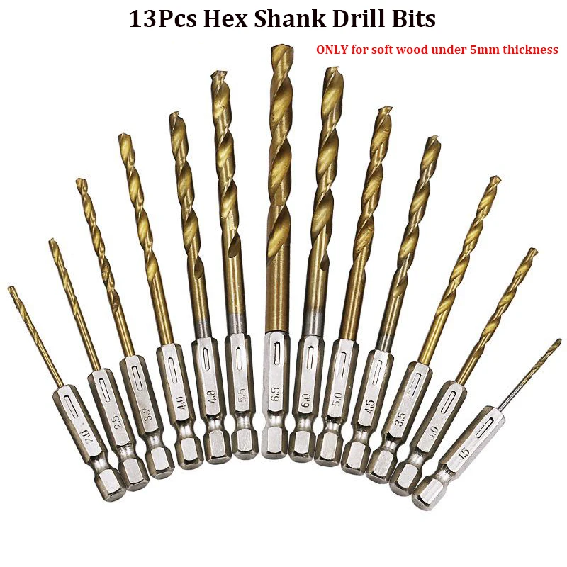 

13Pcs HSS Hex Shank Twist Drill Bits Set 1.5-6.5mm HSS Electric Screwdriver Bits for Soft Wood/PCB (Max 5mm Thickness)〔YY26〕