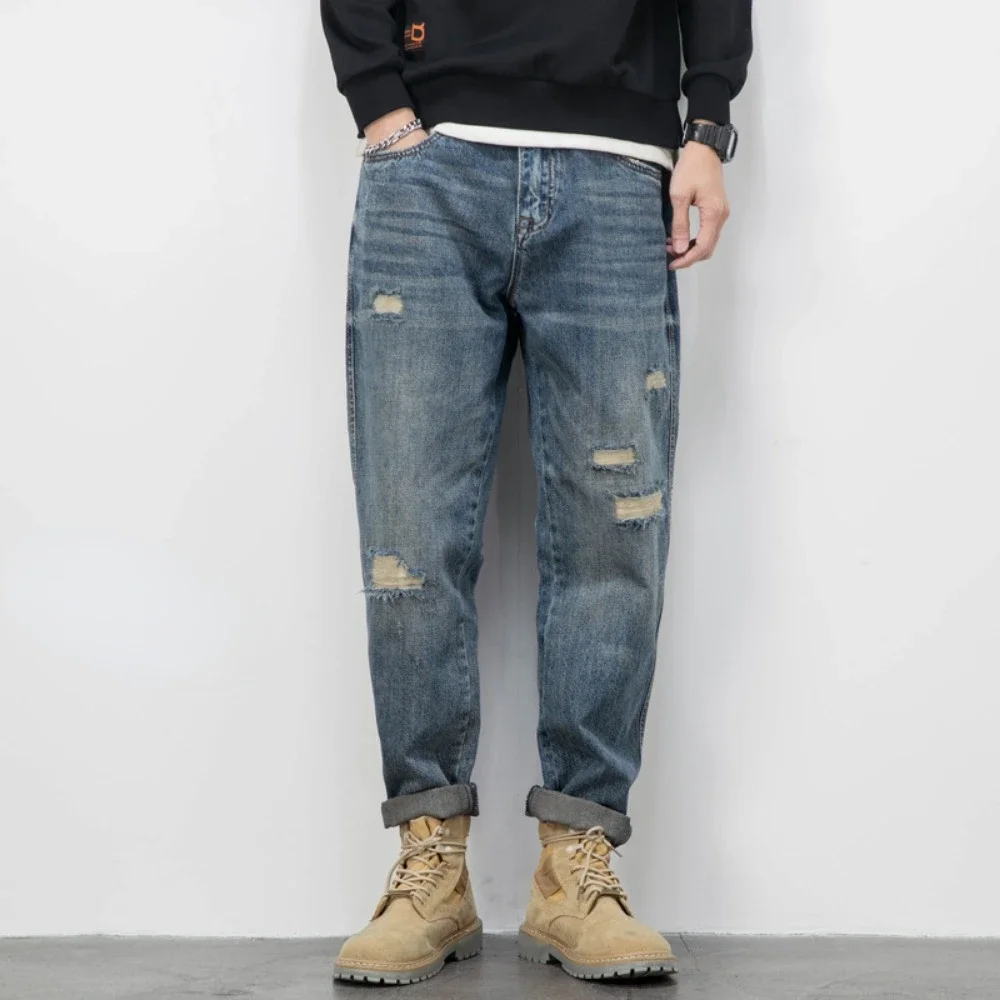 Spring and autumn new distressed jeans for men's loose fitting straight leg casual fashion Harlan pants jeans men y2k streetwear