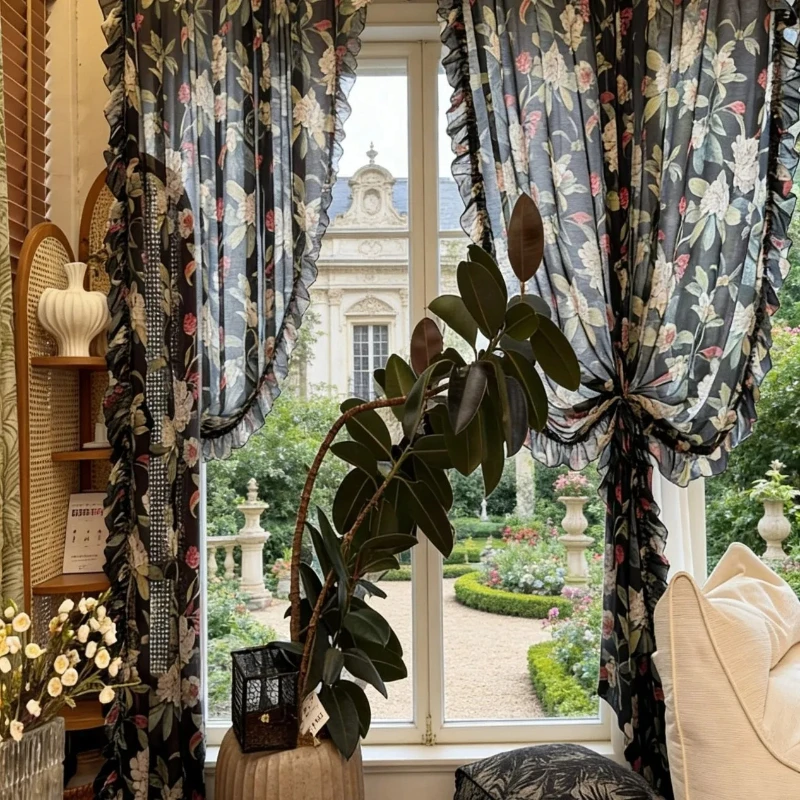 Custom Size Retro-style Printed Gauze Half Curtain Small Windows Door French Mid-century Style American Curtains for Living Room