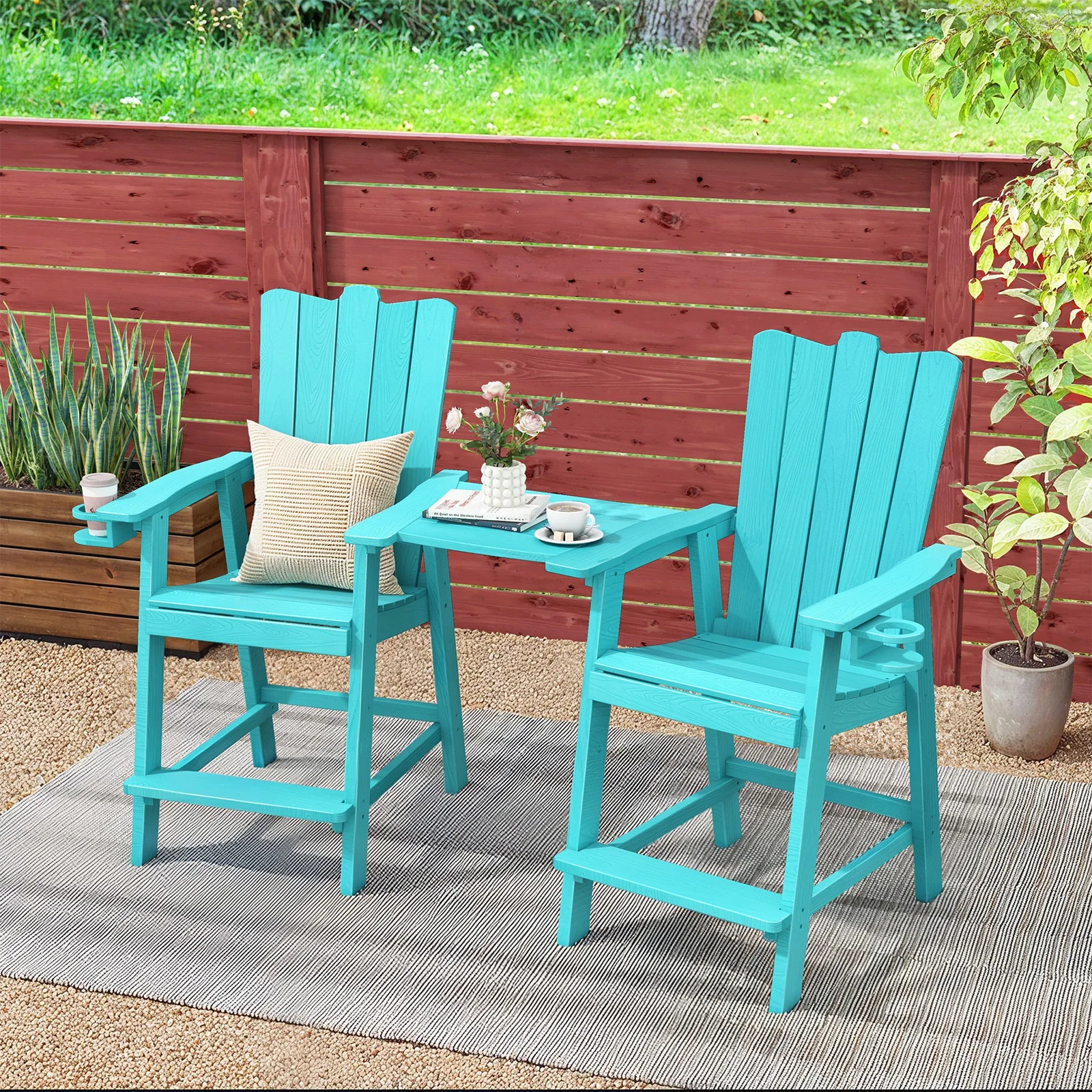 2 Seats Tall Balcony Chair Table Patio Adirondack Chairs Outdoor Barstools with Cup Holder Removable Connecting Trays Blue