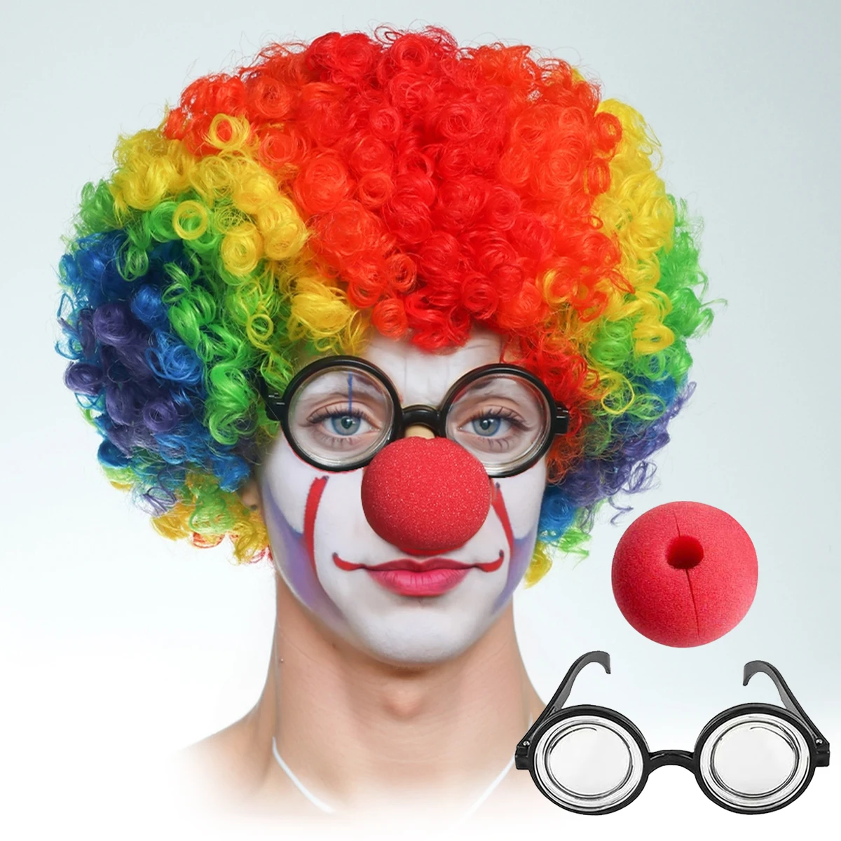 12 inch short roll colored clown synthetic wig+glasses+red nose prop for holiday party Halloween role-playing