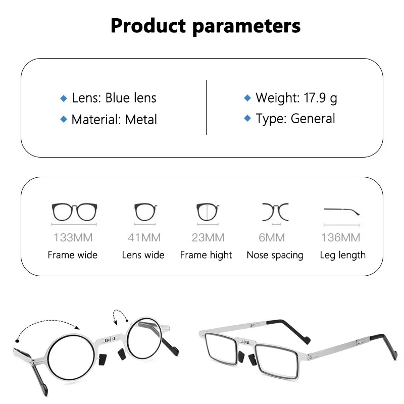 Portable Folding Reading Glasses Men Metal Round Square Frame Anti Blue Light Eyewear Presbyopia Eyeglasses Frame Diopter