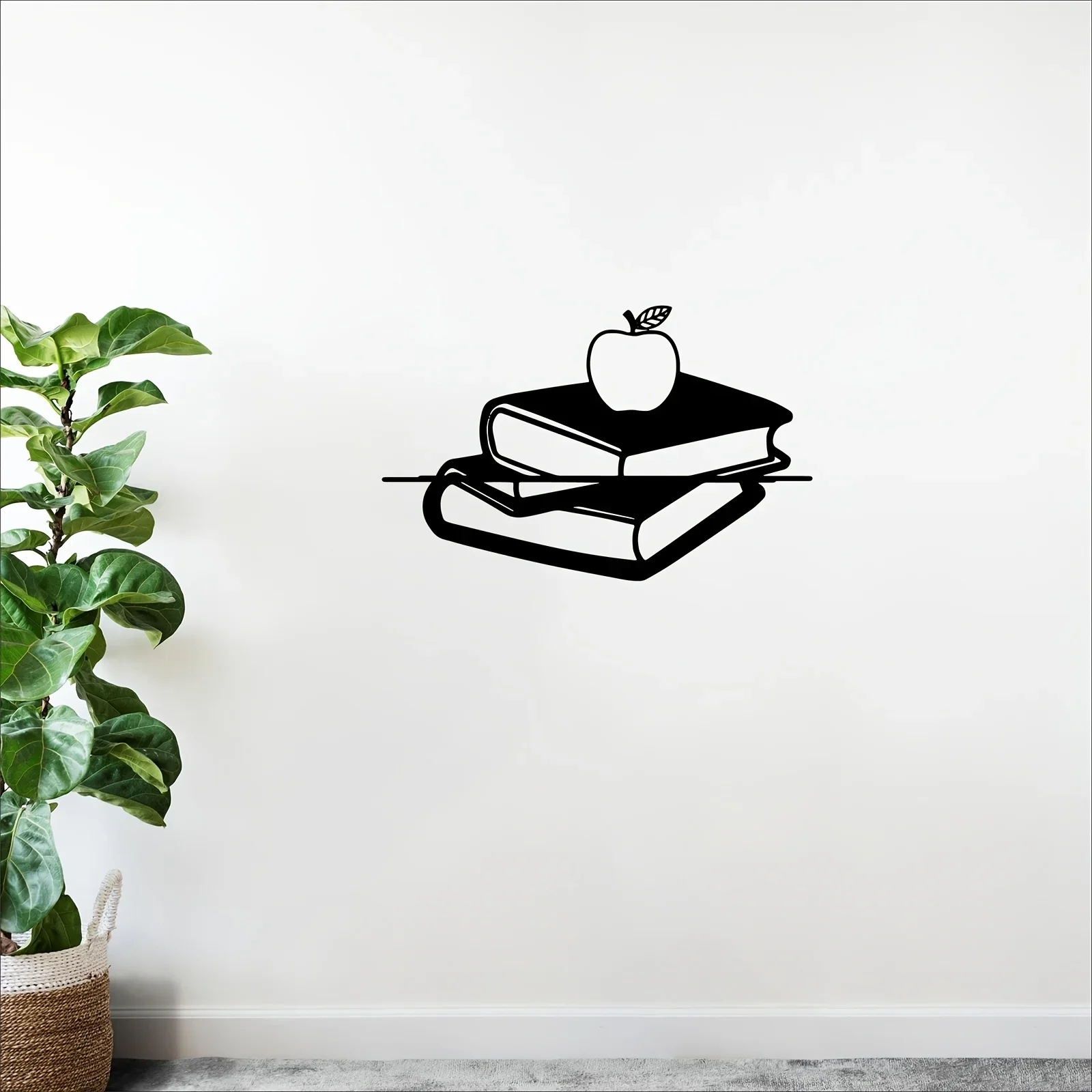 Décoration murale en métal "Livre et Pomme", silhouette plate 2D découpée au laser en fer, résistante à la rouille, revêtement en poudre, montage mural, thème académique.