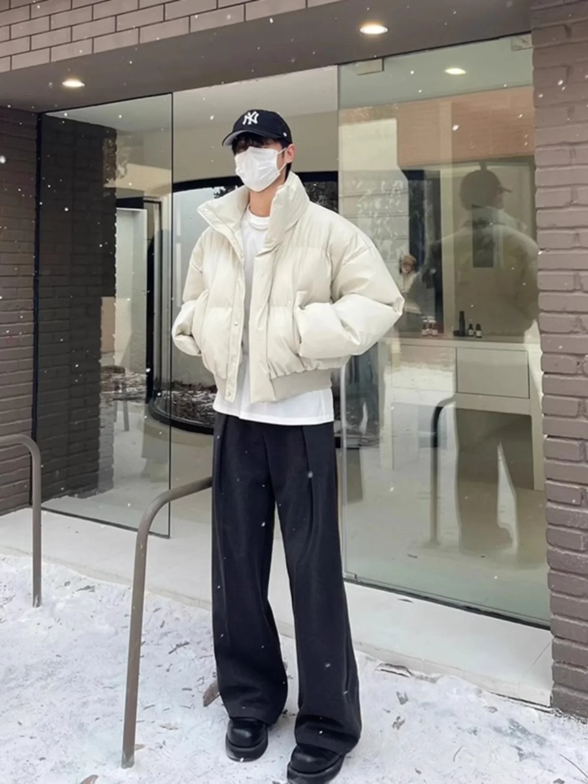 Cleanfit White PU Leather Cotton Jacket Men's Winter Thickened Stand Collar Bread Style Short Outerwear Casual Youth Fashion