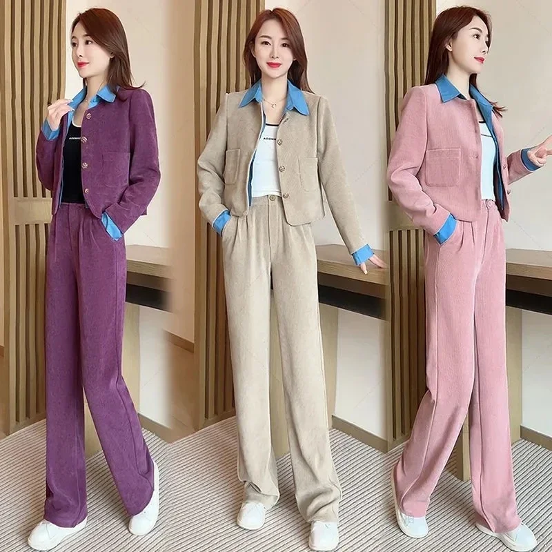 

Fashion Lapel Shirt Leisure Set Women's Spring Autumn 2024 New Slim Fake Two-piece Jacket and Wide-leg Pants Two-piece Set Pink