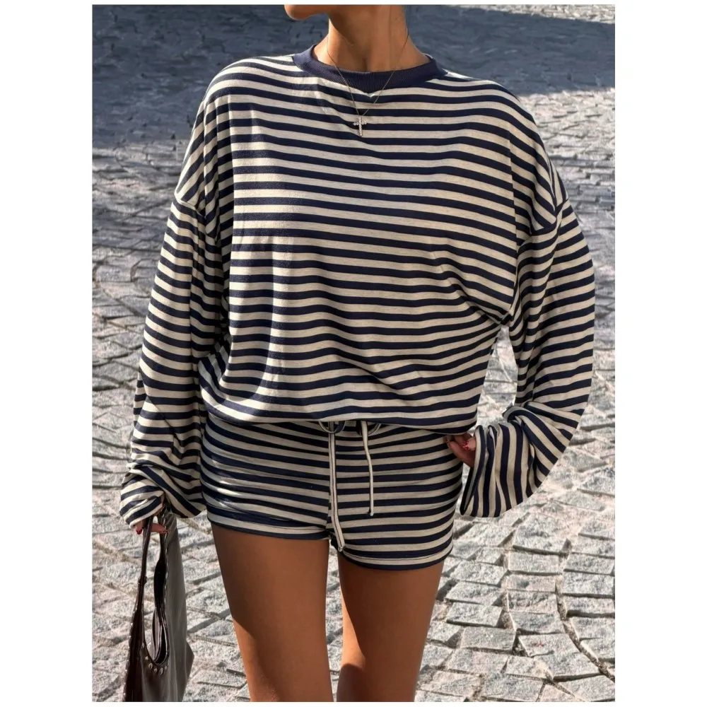 

Casual 2-piece Solid Color Striped Loose Round Neck T-shirt + Casual Daily Short Suit Office Business Outdoor Two-pieces Outfit