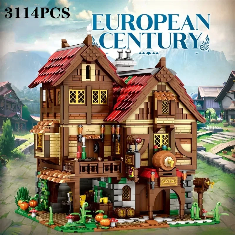 Bloques de construcción de taberna Medieval para niños, arquitectura de vista de calle europea, modelo MOC, adornos de exhibición de escritorio, juguete para niños, 3114 Uds.