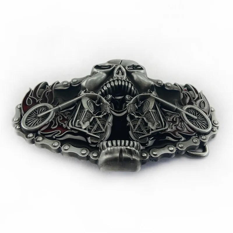 Skull Motorcycle Western Style Belt Buckle - Black Leather Biker Accessory