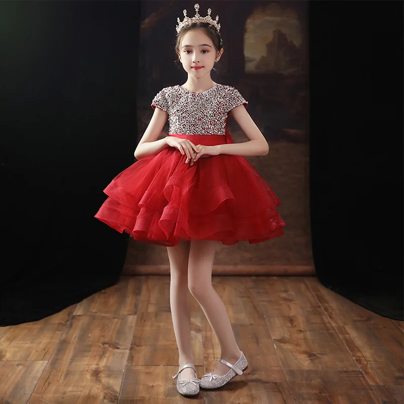 Girls Elegant Luxury Sequin Dress Teen Girls 12 Years Off Shoudler Party Gown Little Kids Tulle Formal Cocktail Dresses High Low