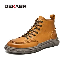 DEKABR New Fashion Winter Ankle Boots Genuine Leather Mens Boots Lace-Up Platform Waterproof Comfortable Warm Fur Boots