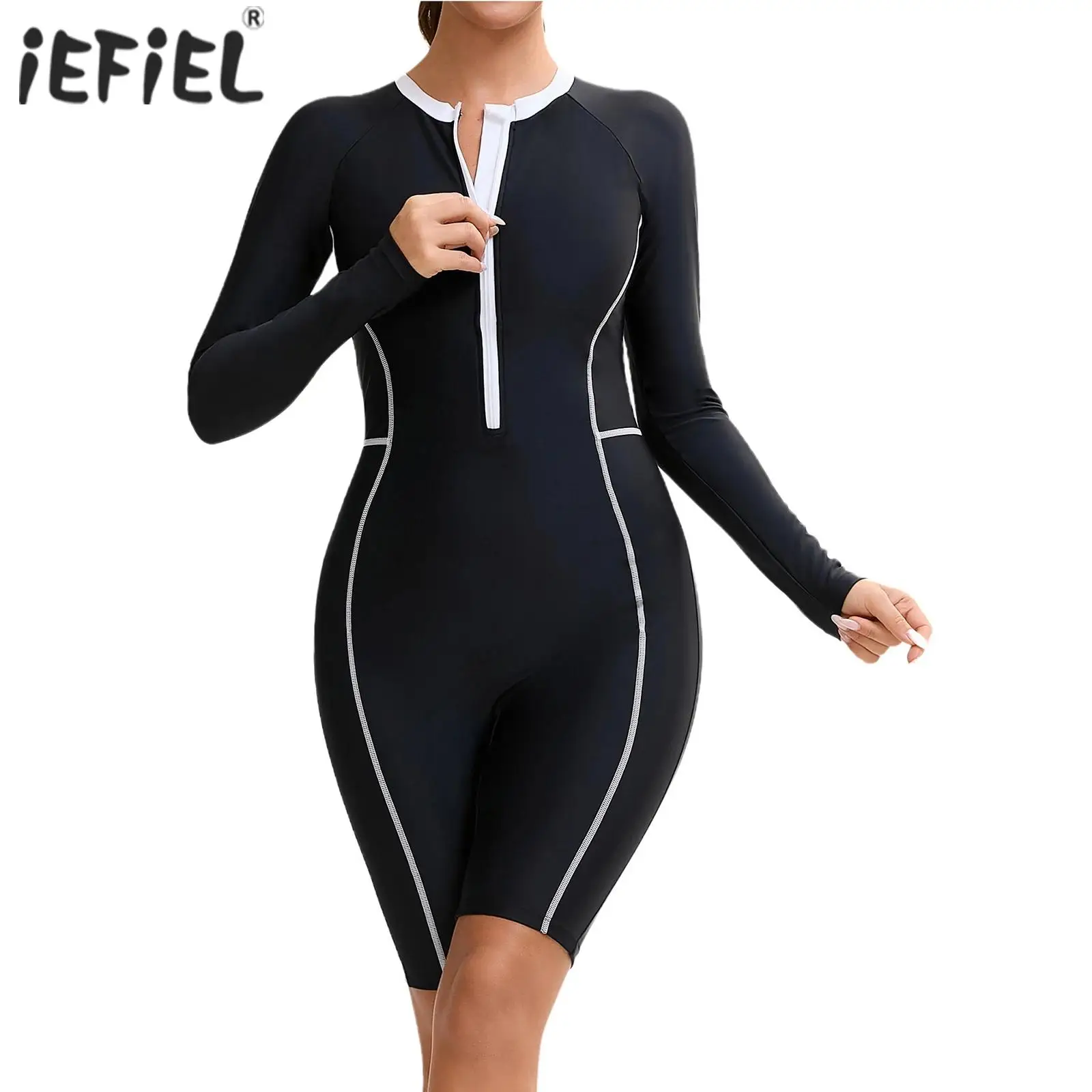

Women Swim Leotard Long Sleeve One-Piece Swimsuit Surfing Swimwear Bathing Suit Front Zipper Jumpsuit with Removable Chest Pads